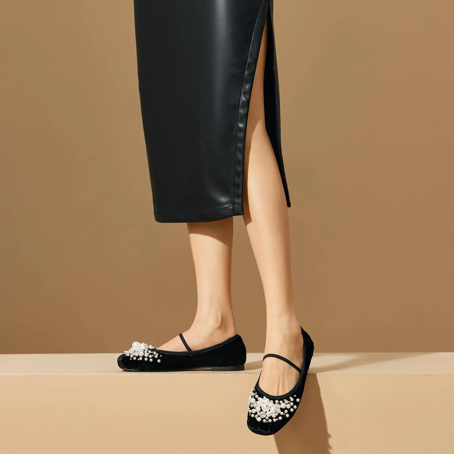 BEAU TODAY Mary Jane Shoes Women, Ballet Flats Shoes for Women, Buckle Strap Genuine Leather Flats, Comfortable Square Toe Dressy Mary Jane Flats Trendy