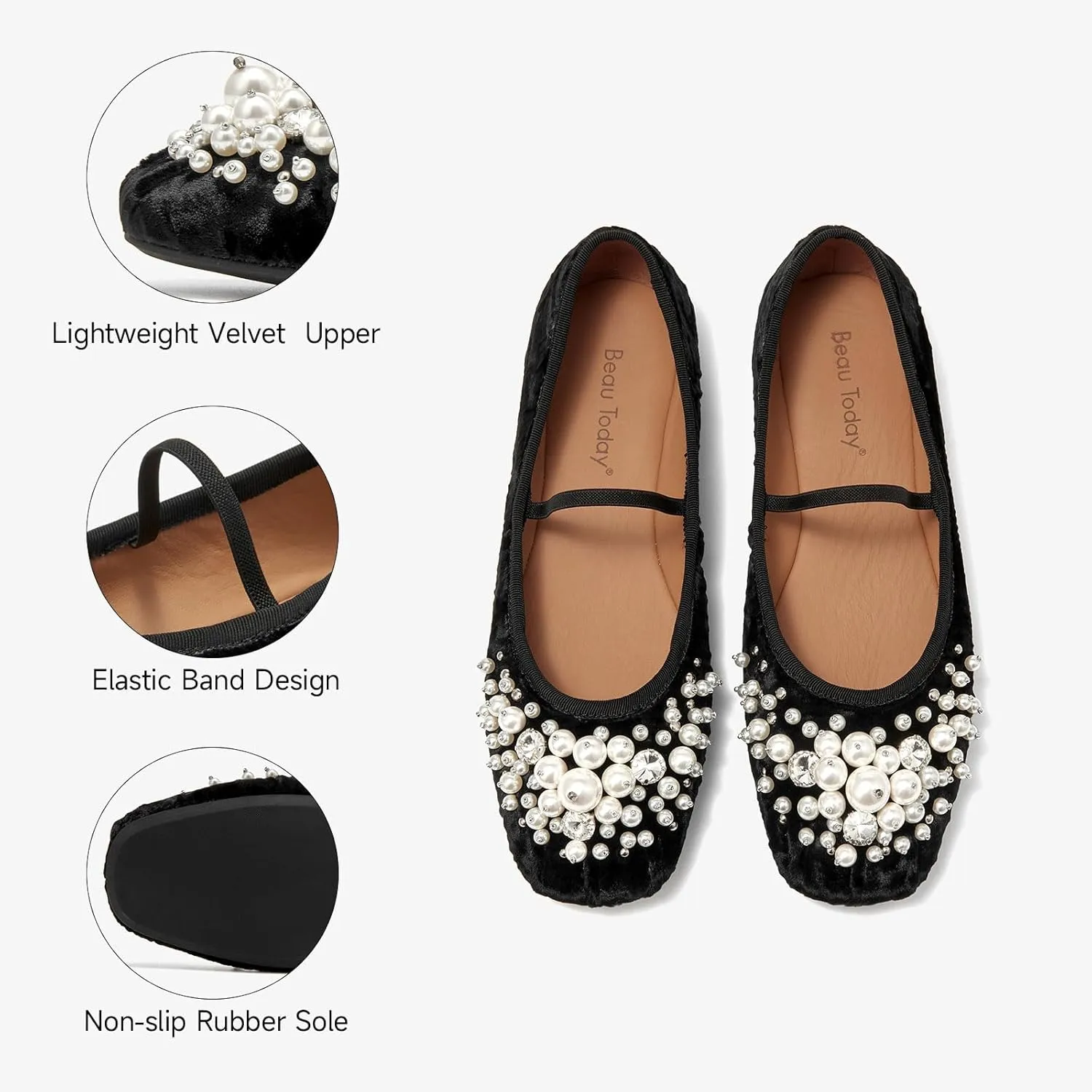 BEAU TODAY Mary Jane Shoes Women, Ballet Flats Shoes for Women, Buckle Strap Genuine Leather Flats, Comfortable Square Toe Dressy Mary Jane Flats Trendy