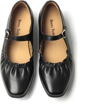 BEAU TODAY Womens Mary Janes, Ballet Flats for Women, Leather Maryjane Flats for Women, Comfortable Square Toe Flat Mary Janes, Fashion Slip-on Business Office Dressy Shoes