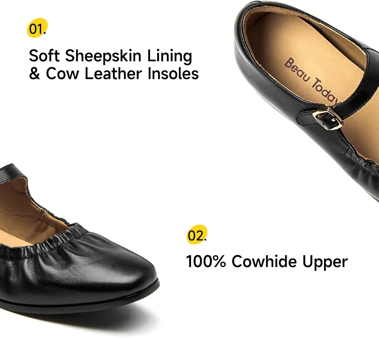 BEAU TODAY Womens Mary Janes, Ballet Flats for Women, Leather Maryjane Flats for Women, Comfortable Square Toe Flat Mary Janes, Fashion Slip-on Business Office Dressy Shoes