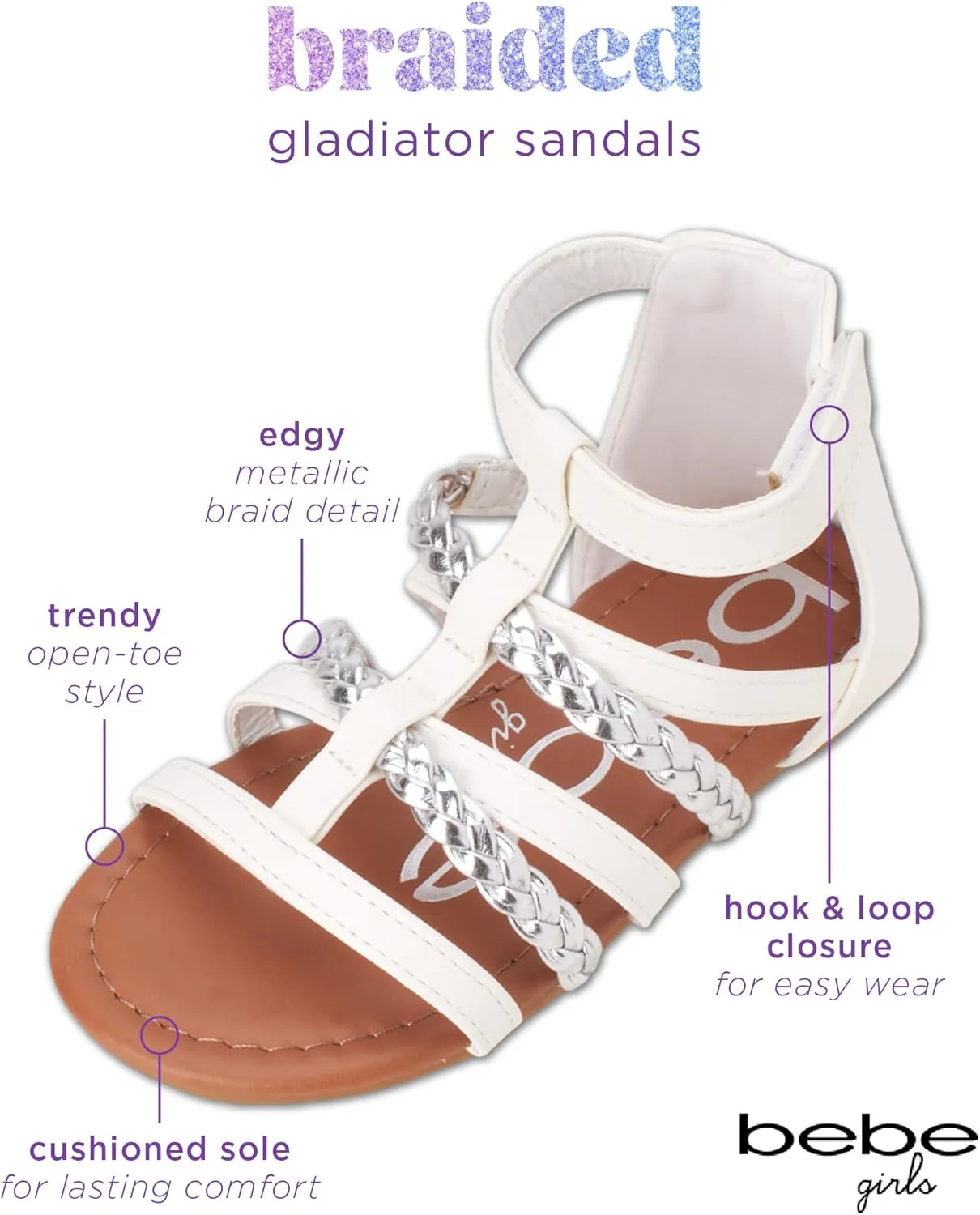 bebe Girls Sandals - Cute Open Toe Braided Strappy Gladiator Summer Sandals, Flower Girl Dress Shoes for Easter Beach Party