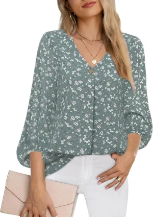 Bebonnie Womens Lantern 3/4 Sleeve Causal Loose V Neck Chiffon Blouses Tops
