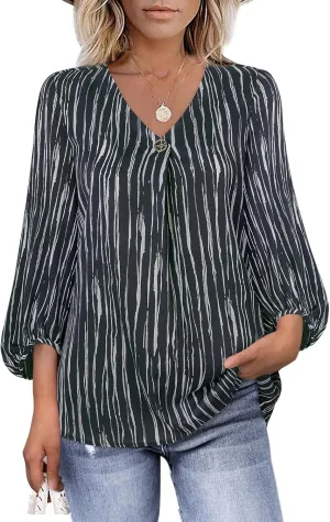 Bebonnie Womens Lantern 3/4 Sleeve Causal Loose V Neck Chiffon Blouses Tops