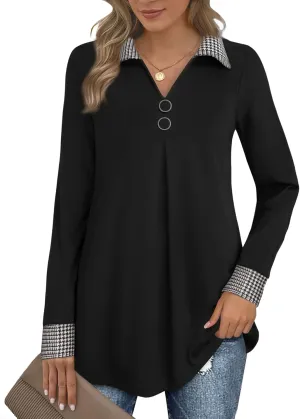 Bebonnie Womens Long Sleeve Casual Lapel V Neck Pullover Tunic Blouse Tops with Buttons