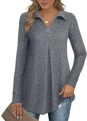 Bebonnie Womens Long Sleeve Casual Lapel V Neck Pullover Tunic Blouse Tops with Buttons