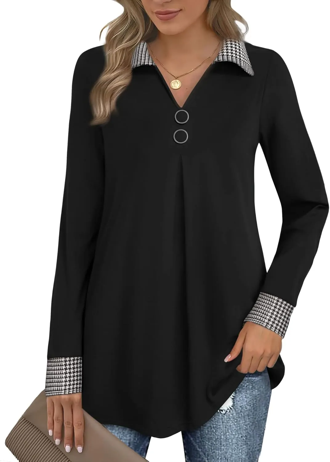 Bebonnie Womens Long Sleeve Casual Lapel V Neck Pullover Tunic Blouse Tops with Buttons