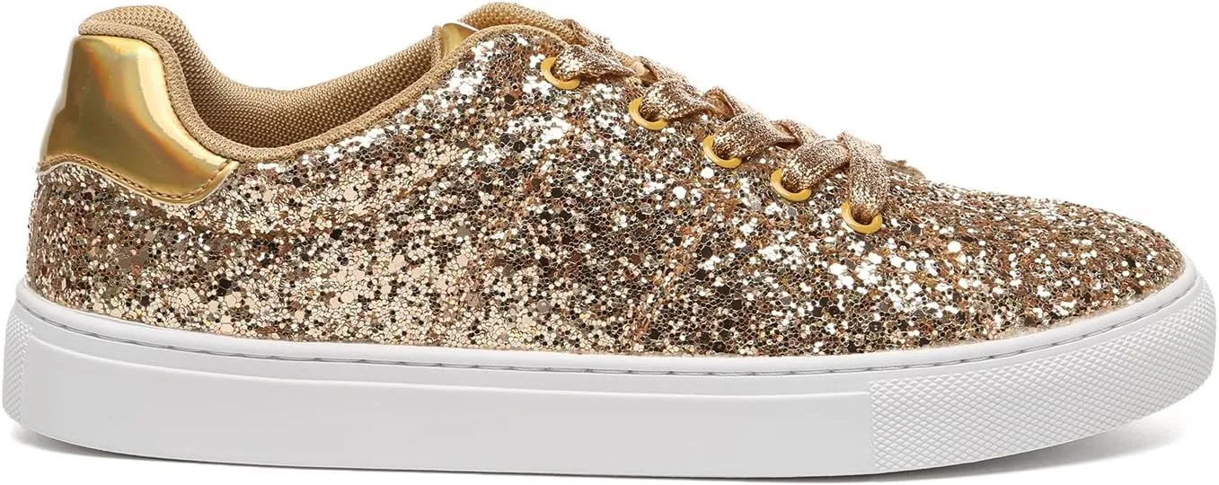 Bernal Women Glitter Sneakers Fashion Shiny Sparkle Sneakers Lightweight Rubber Outsole Non Slip Lace Up Walking Shoes