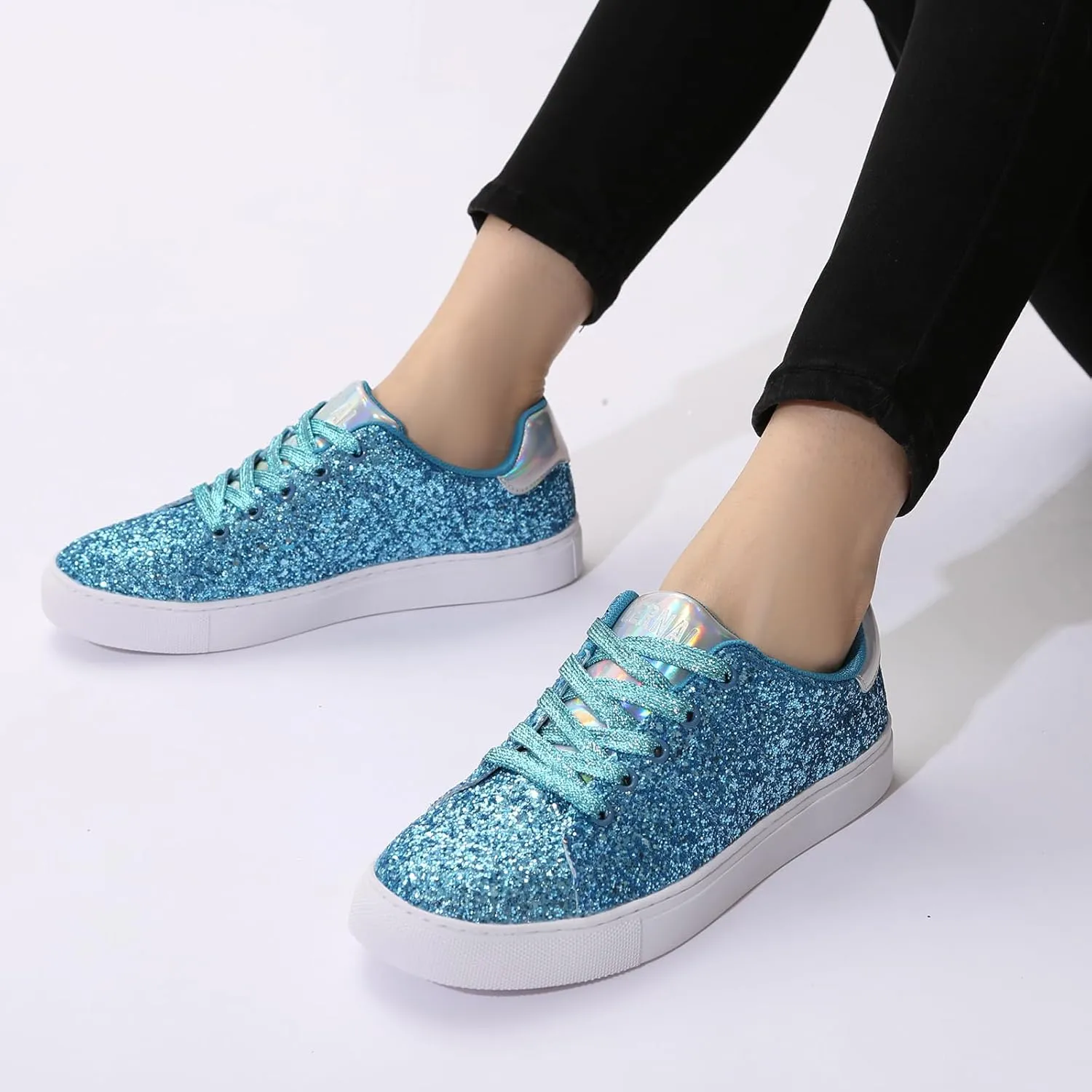 Bernal Women Glitter Sneakers Fashion Shiny Sparkle Sneakers Lightweight Rubber Outsole Non Slip Lace Up Walking Shoes