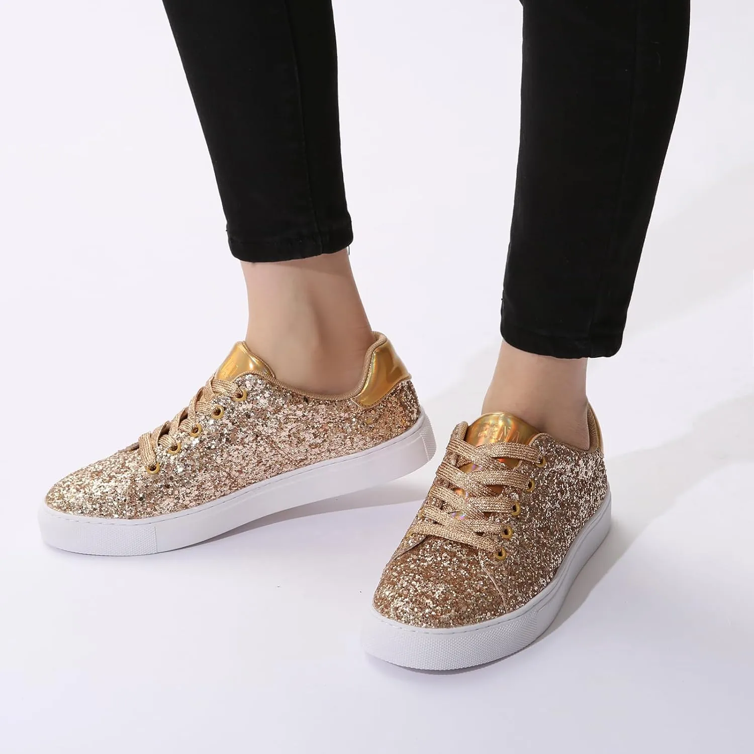 Bernal Women Glitter Sneakers Fashion Shiny Sparkle Sneakers Lightweight Rubber Outsole Non Slip Lace Up Walking Shoes