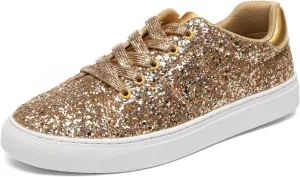 Bernal Women Glitter Sneakers Fashion Shiny Sparkle Sneakers Lightweight Rubber Outsole Non Slip Lace Up Walking Shoes