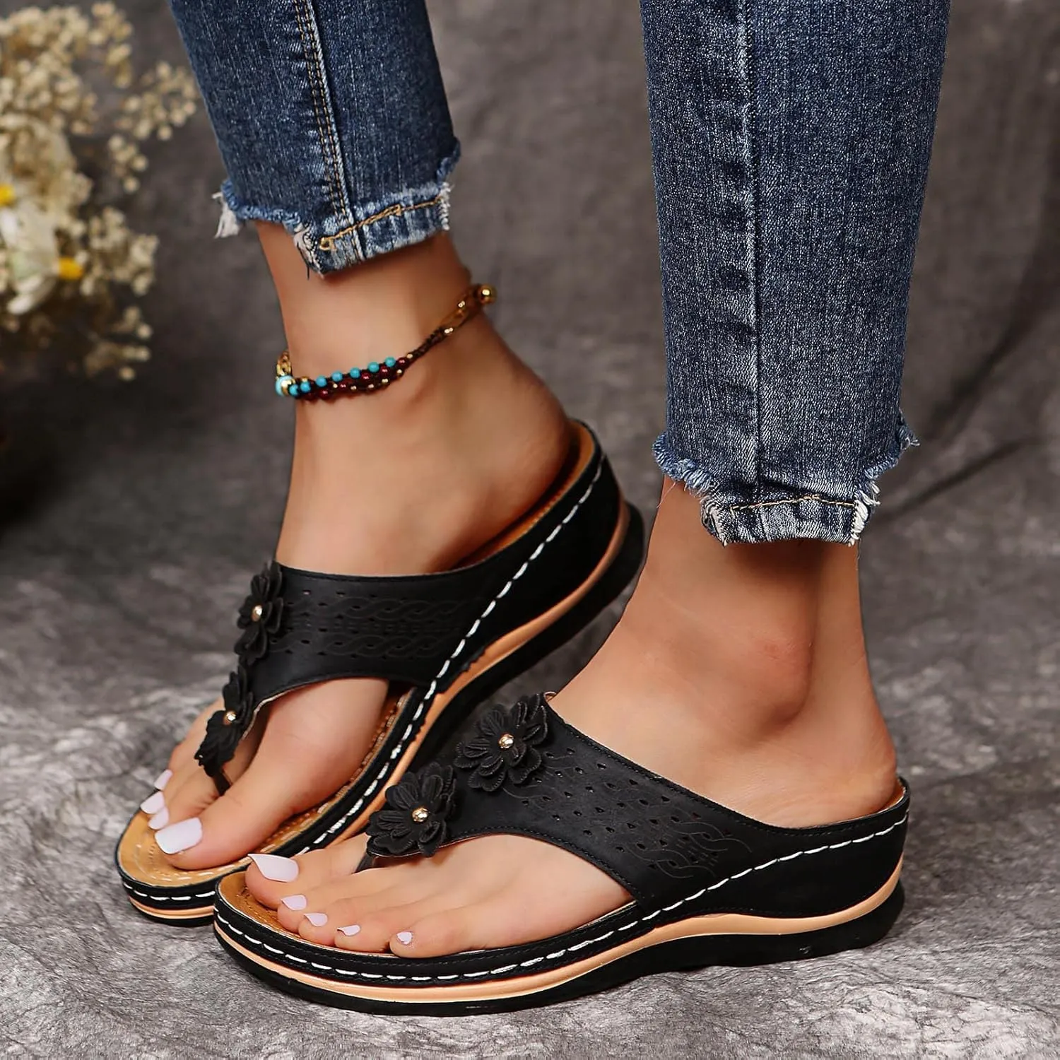 Best Arch Support Flip Flops for Women Leather Walking Sandals for Women Beach Sandals for Women Summer Arch Support Slides for Women Walking Shoes Women Comfort Slip On Western Sandals for Women