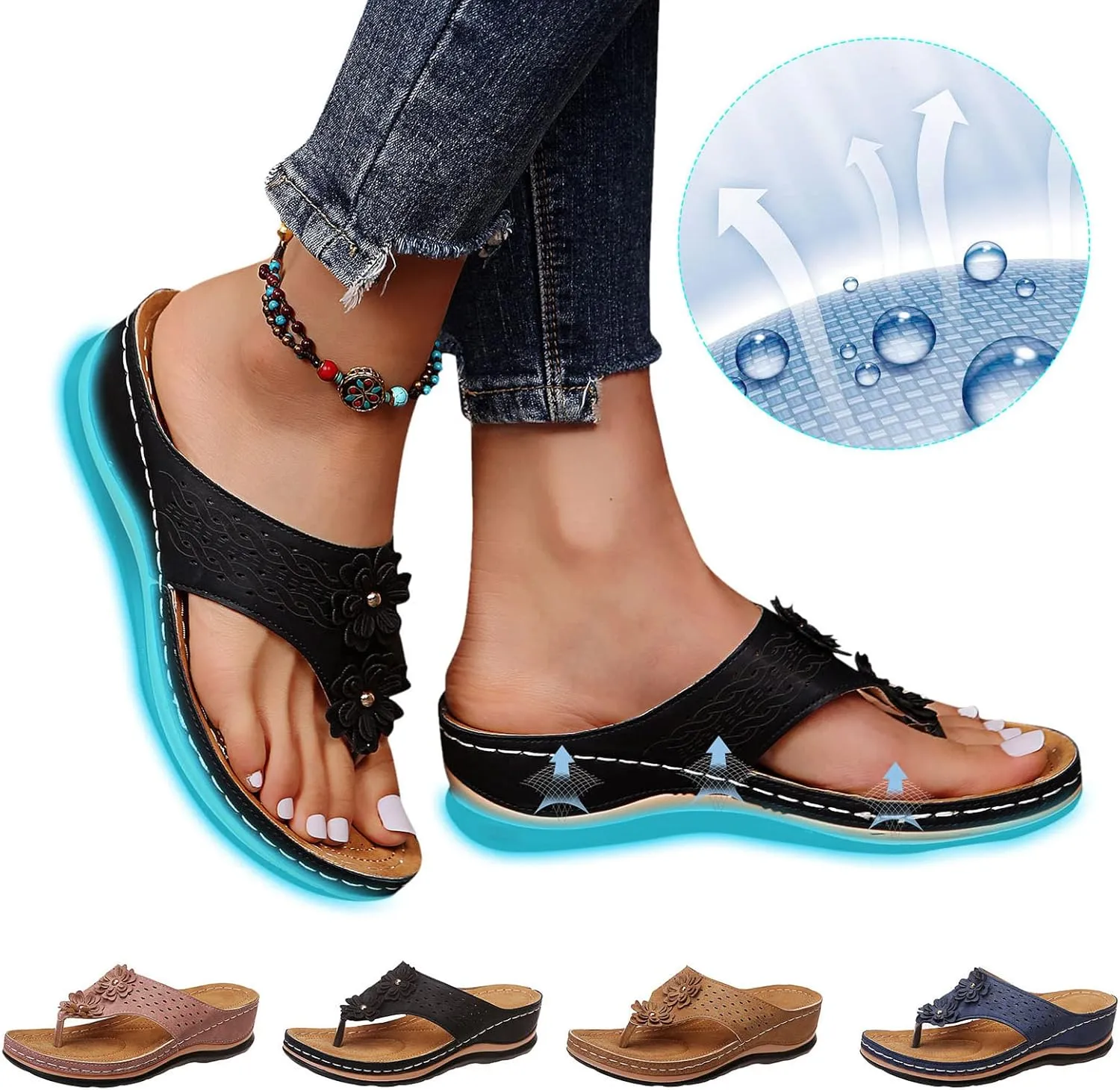 Best Arch Support Flip Flops for Women Leather Walking Sandals for Women Beach Sandals for Women Summer Arch Support Slides for Women Walking Shoes Women Comfort Slip On Western Sandals for Women