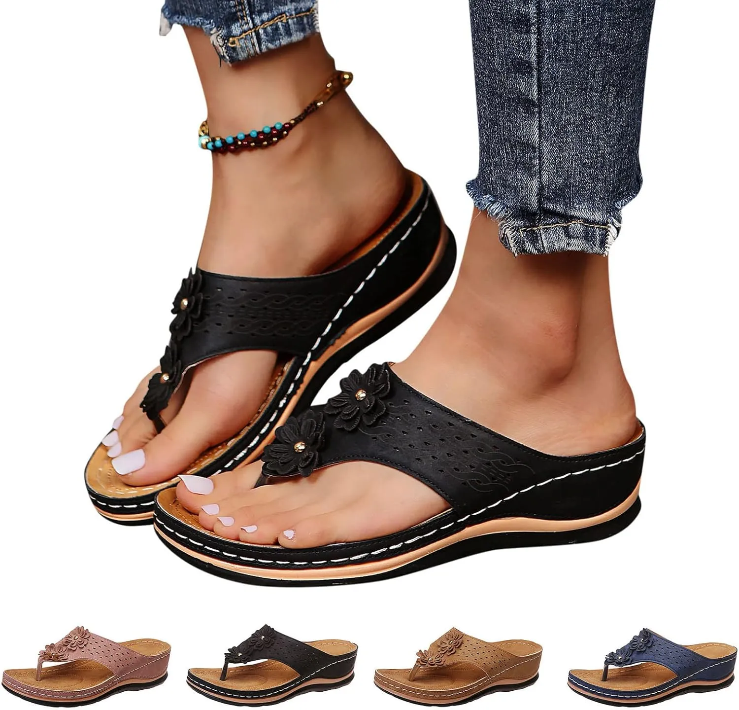 Best Arch Support Flip Flops for Women Leather Walking Sandals for Women Beach Sandals for Women Summer Arch Support Slides for Women Walking Shoes Women Comfort Slip On Western Sandals for Women