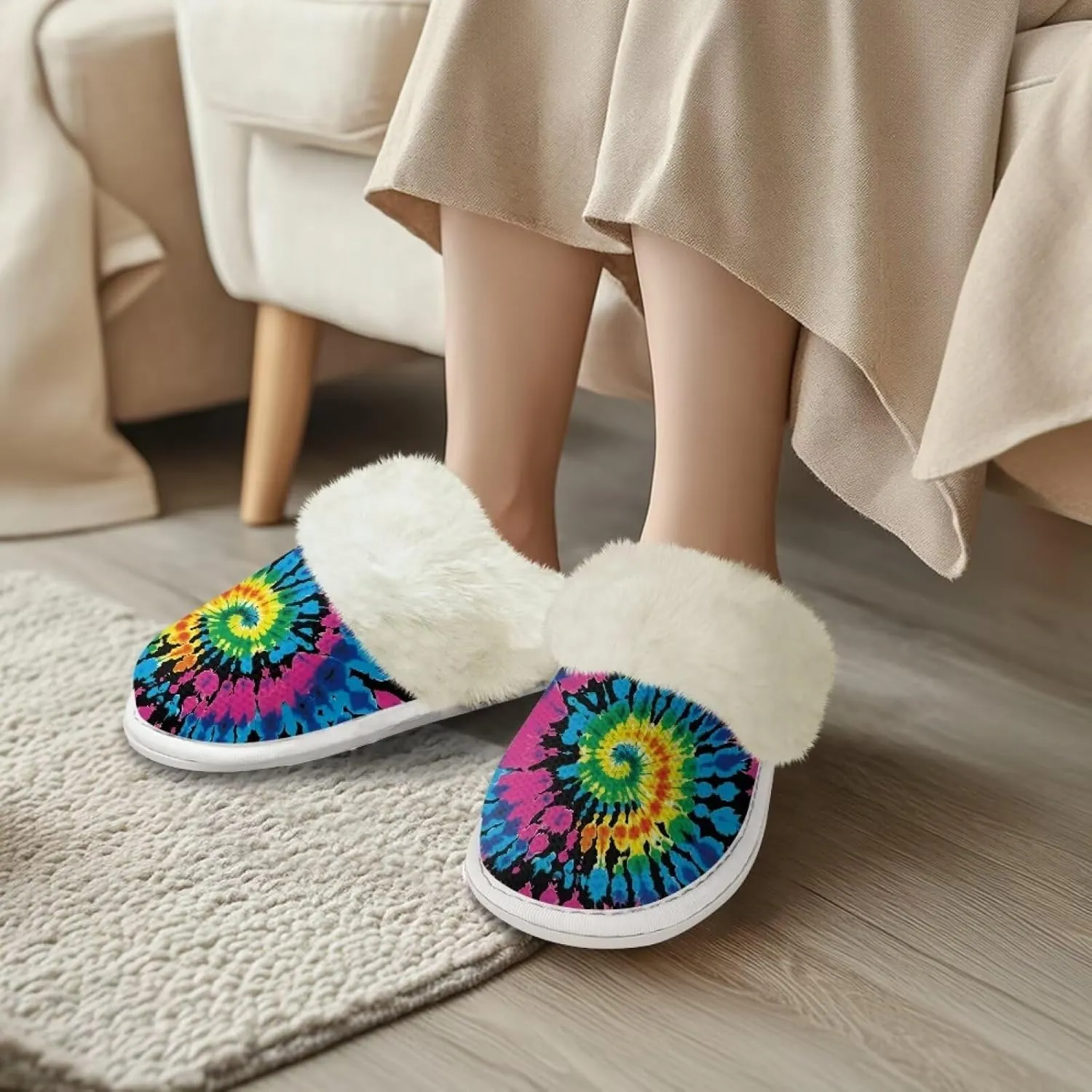 Binienty Women Bedroom Slippers Retro Winter Fuzzy Slippers Memory Foam Non-Slip Thin-Soled
