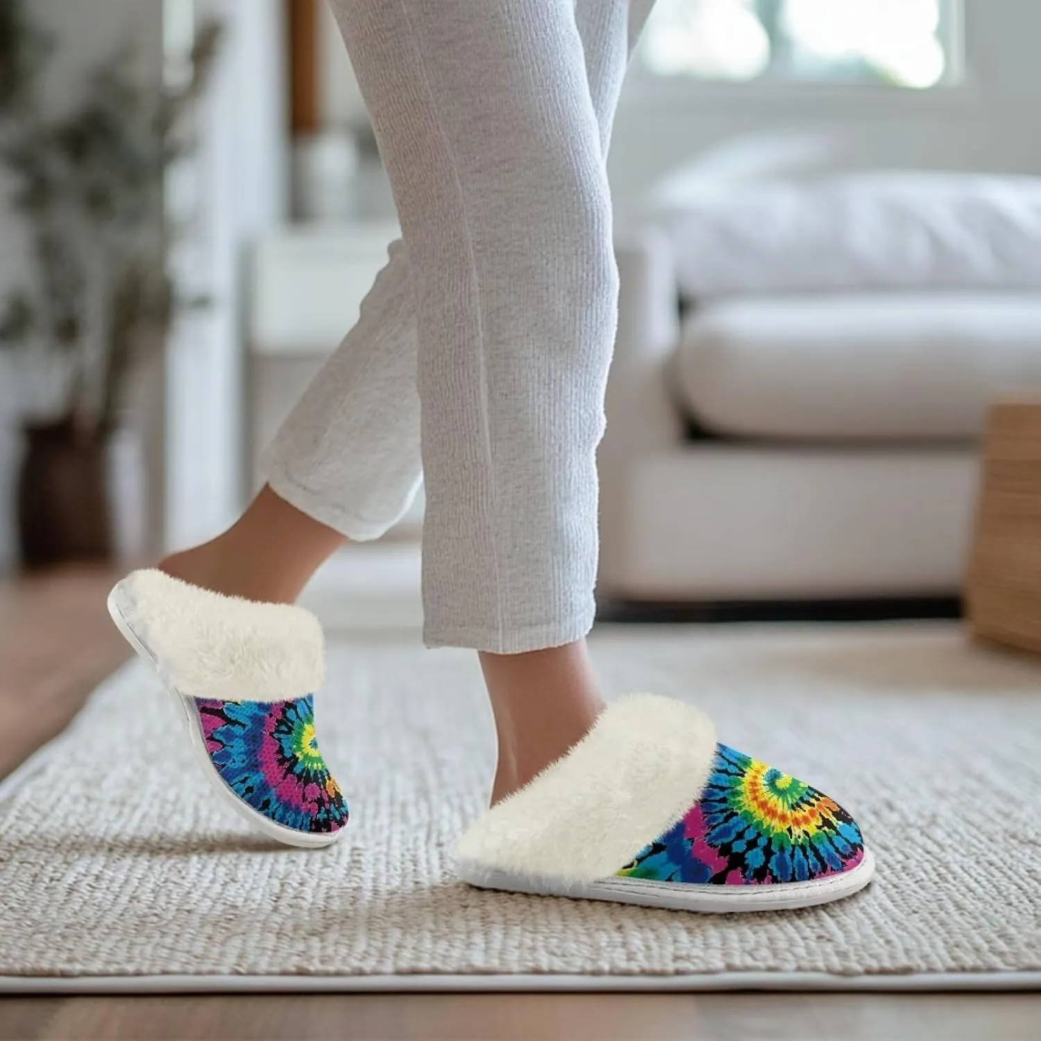 Binienty Women Bedroom Slippers Retro Winter Fuzzy Slippers Memory Foam Non-Slip Thin-Soled