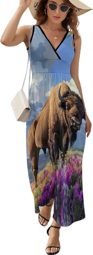 Bison Snowy Mountain Flowers Women's Summer Dresses Casual V Neck Sundress Sleeveless Long Dress for Beach Vacation