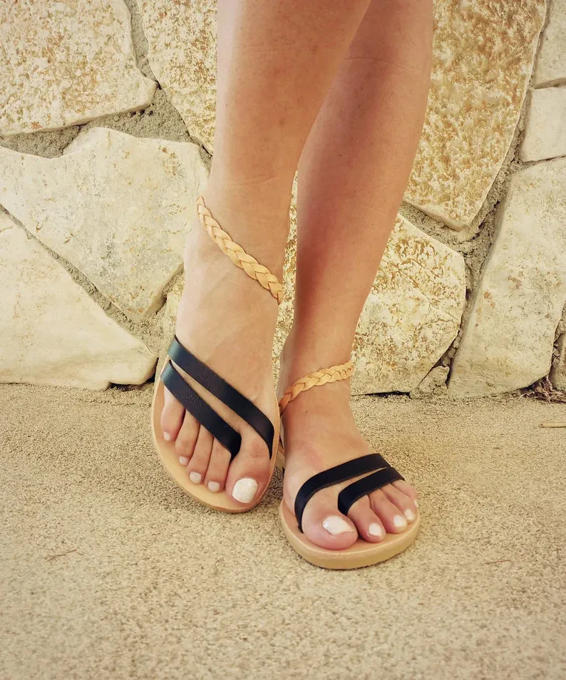 Black Leather sandals with tan braid
