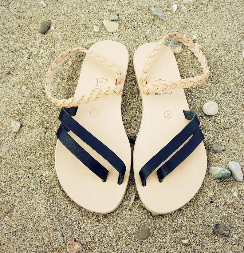 Black Leather sandals with tan braid