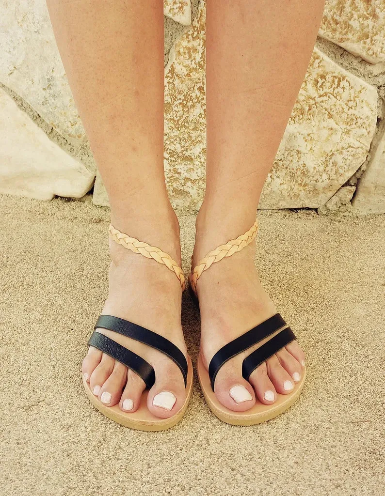 Black Leather sandals with tan braid