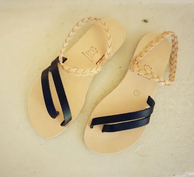Black Leather sandals with tan braid