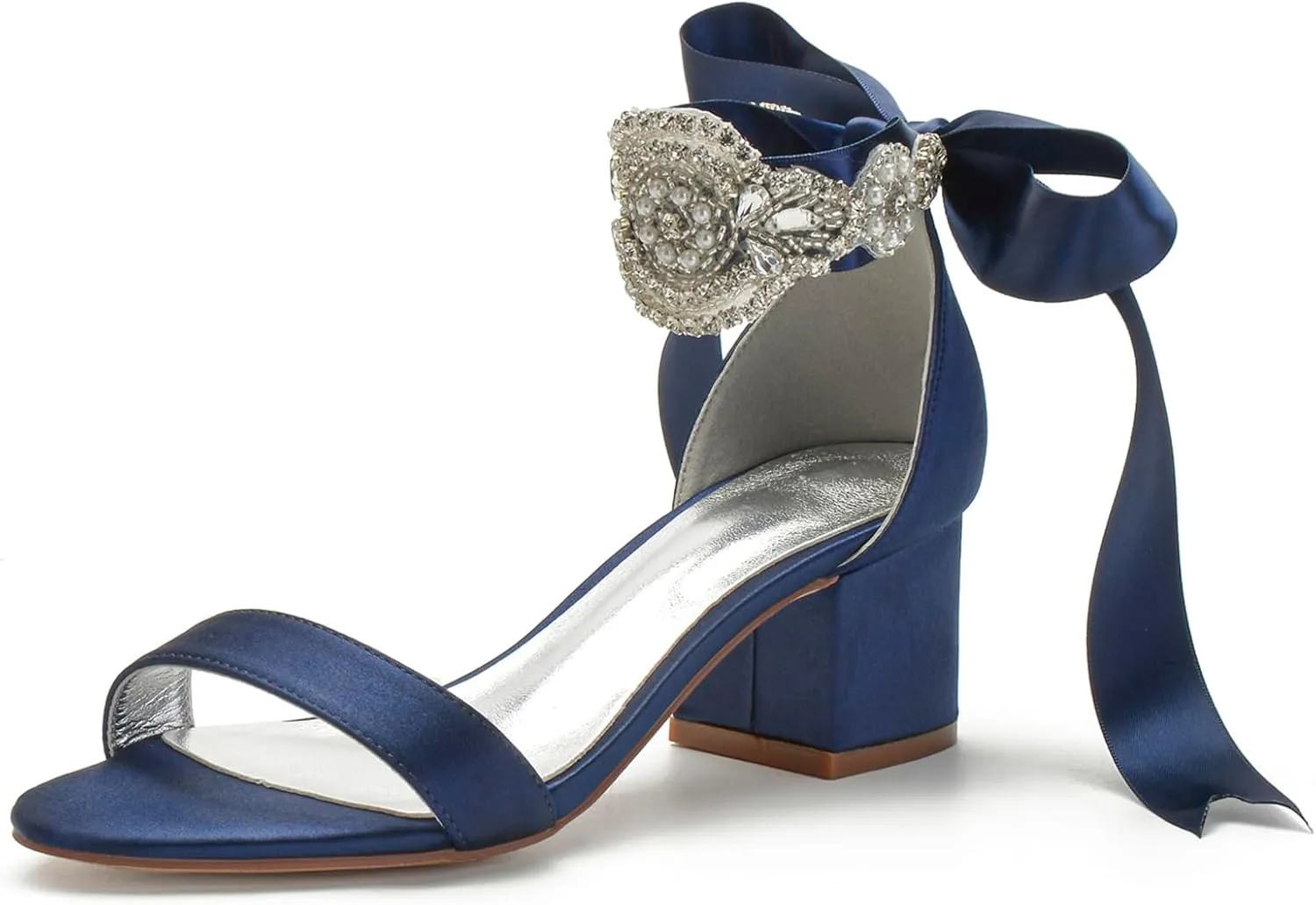 Block Heels Bride Wedding Pumps Bowknot Strap Bride Pumps Bridal Shoes Beaded Ankle Satin Sandals Open Toe Dress Evening Comfortable,Dark blue,8