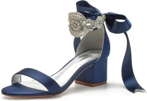 Block Heels Bride Wedding Pumps Bowknot Strap Bride Pumps Bridal Shoes Beaded Ankle Satin Sandals Open Toe Dress Evening Comfortable,Dark blue,8