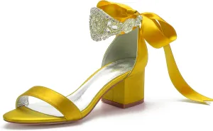 Block Heels Bride Wedding Pumps Bowknot Strap Bride Pumps Bridal Shoes Beaded Ankle Satin Sandals Open Toe Dress Evening Comfortable,Yellow,11