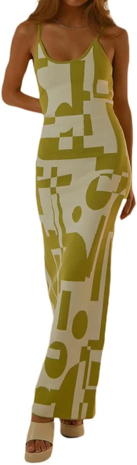 Bodycon Dresses for Women Summer Knit Hollow Out Sexy Night Out Midi Maxi Dress Sleeveless Long Cut Out Dress