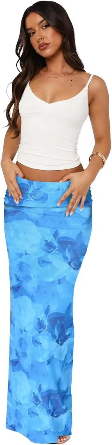 Bodycon Maxi Skirts for Women, Foldover High Waist Floral Leopard Cheetah Print Sexy Club Long Y2k Skirt