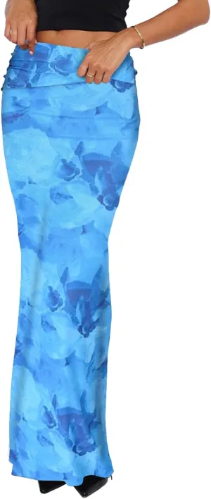 Bodycon Maxi Skirts for Women, Foldover High Waist Floral Leopard Cheetah Print Sexy Club Long Y2k Skirt