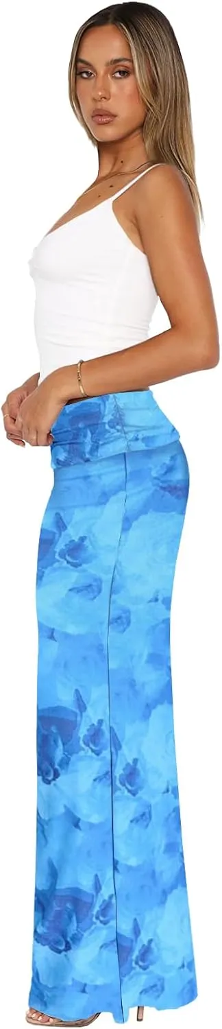 Bodycon Maxi Skirts for Women, Foldover High Waist Floral Leopard Cheetah Print Sexy Club Long Y2k Skirt