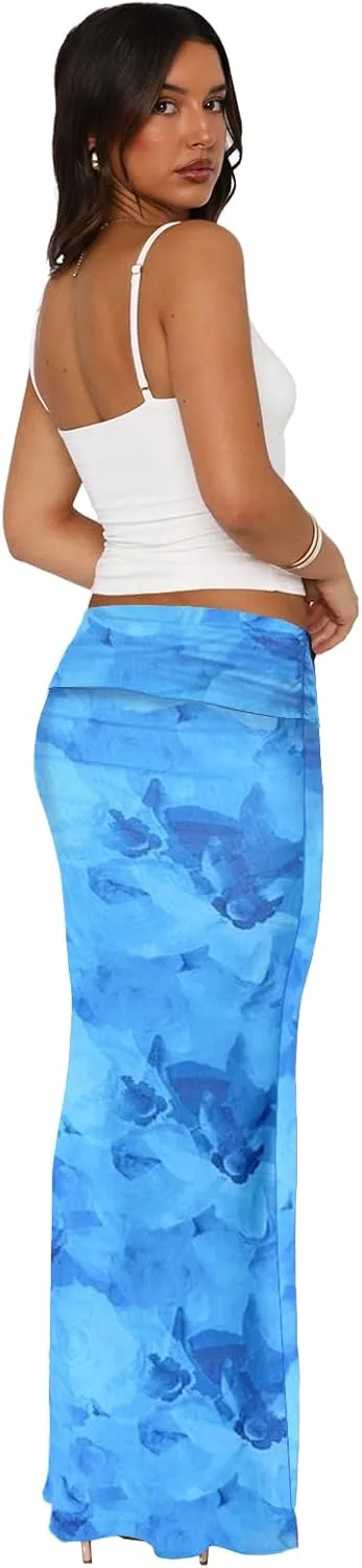 Bodycon Maxi Skirts for Women, Foldover High Waist Floral Leopard Cheetah Print Sexy Club Long Y2k Skirt
