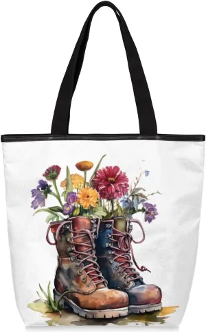 Boots Floral Canvas Tote Bag for Women Large Tote Bag with Zipper & Pockets Canvas Beach Bag Shoulder Bag Reusable Shopping Bags Cute Tote Bags for Work Travel