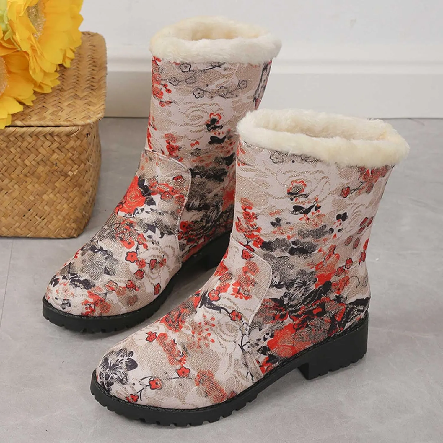 Boots for Women Retro Style Solid Color Printed Mid Heel Mid Calf Boots Winter Plush Warm Non-Slip Boots