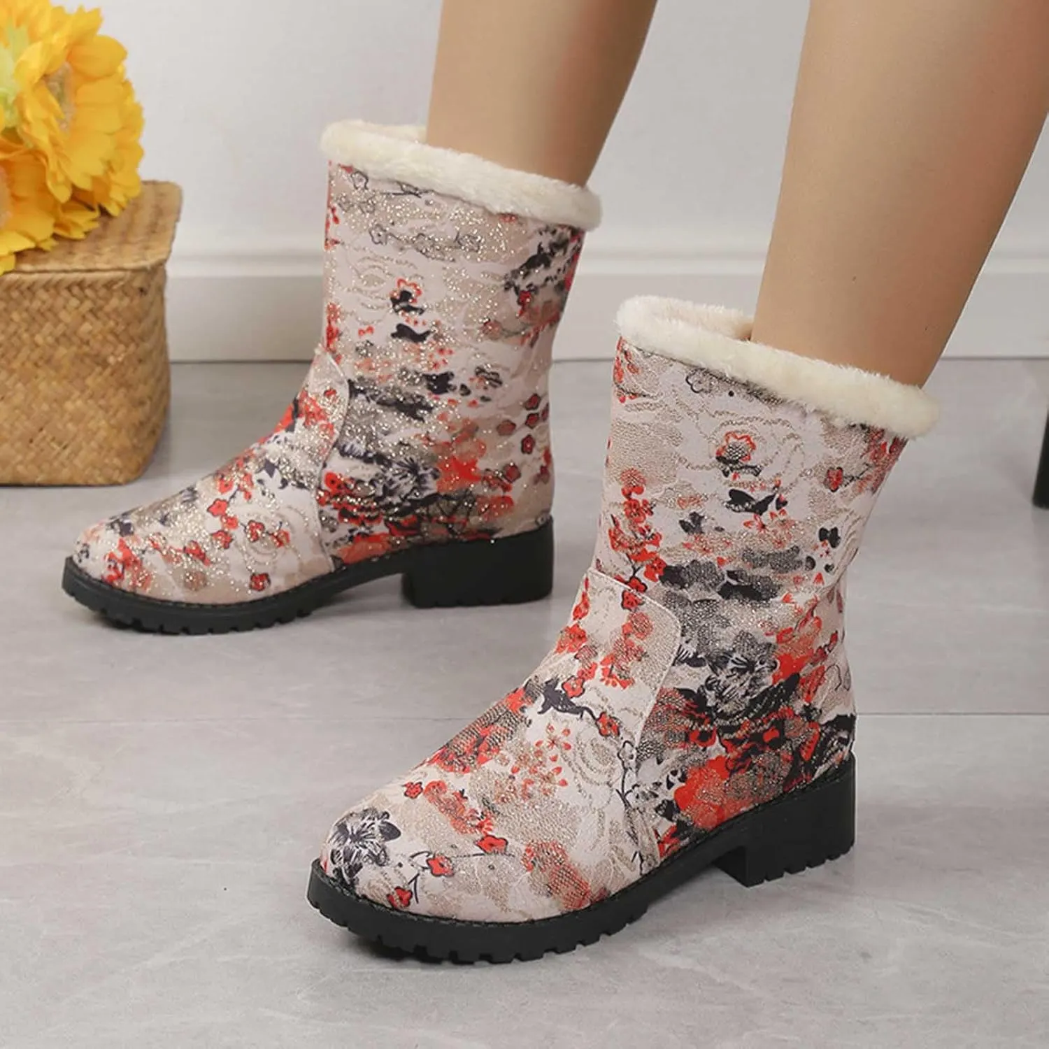 Boots for Women Retro Style Solid Color Printed Mid Heel Mid Calf Boots Winter Plush Warm Non-Slip Boots