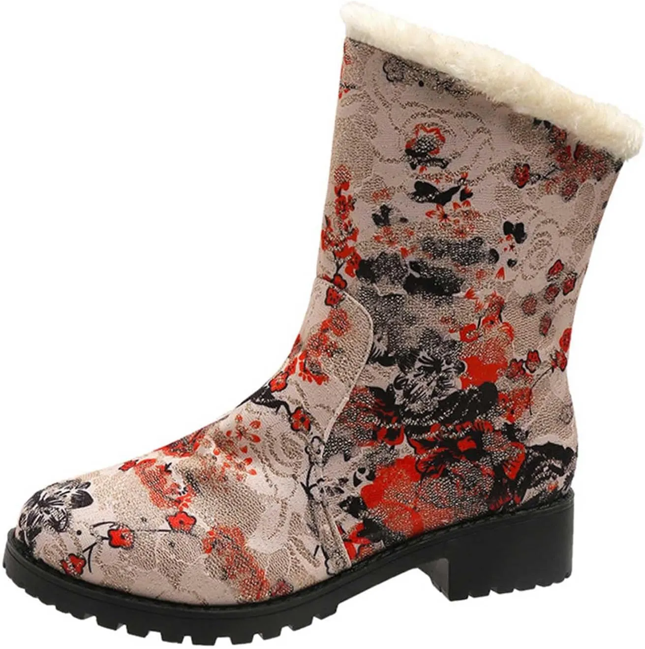 Boots for Women Retro Style Solid Color Printed Mid Heel Mid Calf Boots Winter Plush Warm Non-Slip Boots