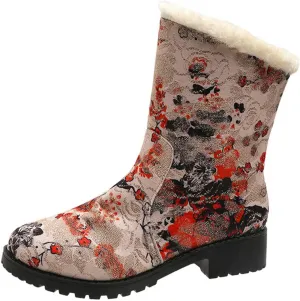 Boots for Women Retro Style Solid Color Printed Mid Heel Mid Calf Boots Winter Plush Warm Non-Slip Boots