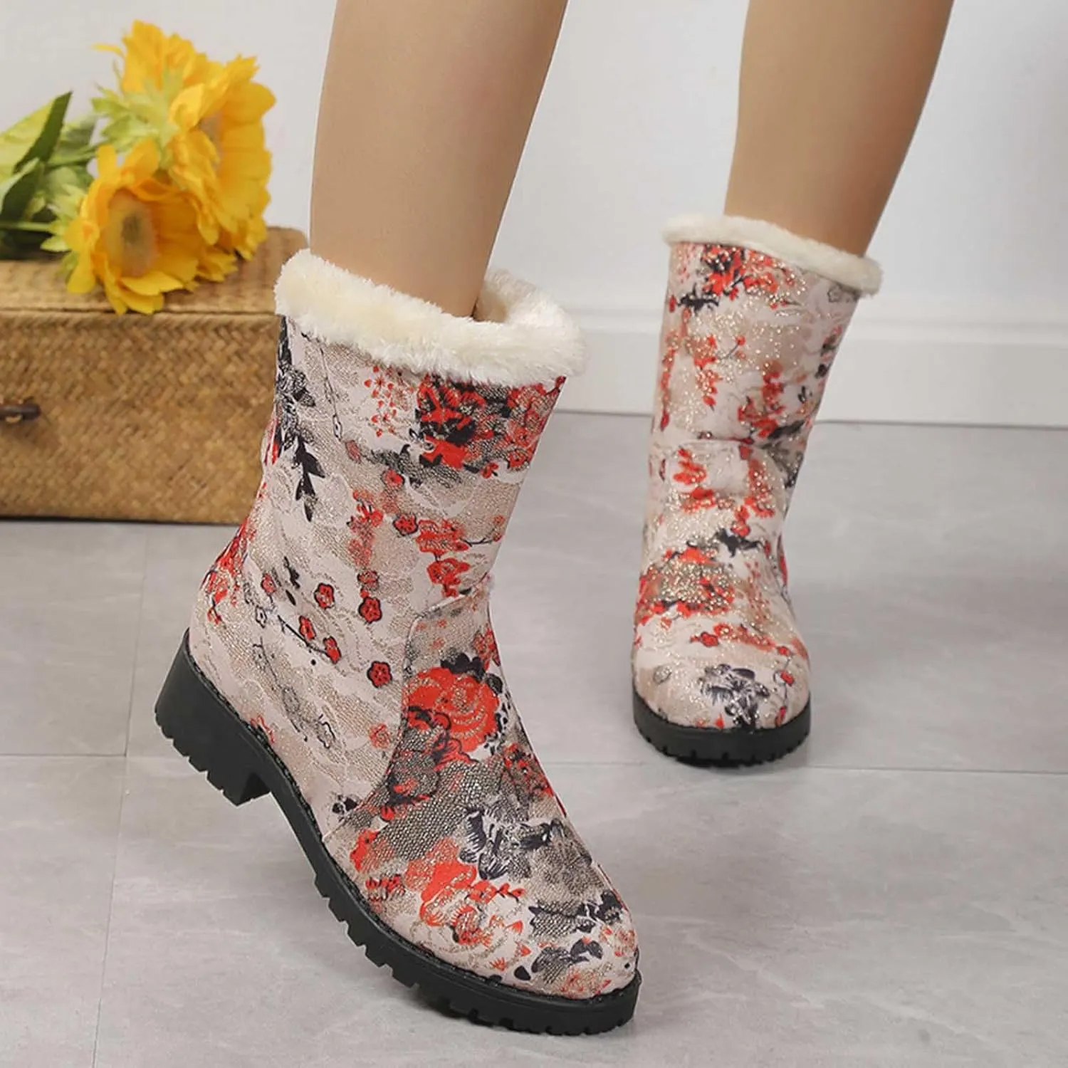 Boots for Women Retro Style Solid Color Printed Mid Heel Mid Calf Boots Winter Plush Warm Non-Slip Boots