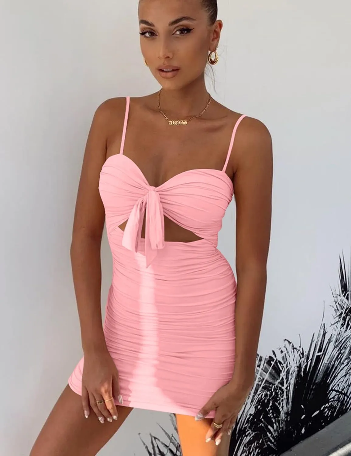 BORIFLORS Women's Sexy Bodycon Cut Out Ruched Backless Spaghetti Strap Mini Club Party Dresses