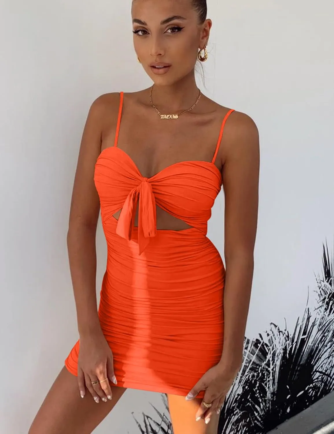 BORIFLORS Women's Sexy Bodycon Cut Out Ruched Backless Spaghetti Strap Mini Club Party Dresses