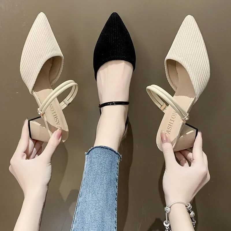 Boxpopla Women's Closed Pointed Toe Mules Two Way Wear Strap Backless Loafer for Women Mid Chunky Heel Mule Slingback Sandals Slip on Slides Dress Shoes