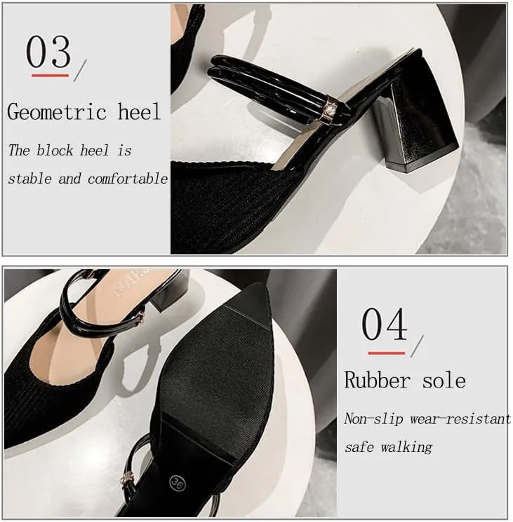 Boxpopla Women's Closed Pointed Toe Mules Two Way Wear Strap Backless Loafer for Women Mid Chunky Heel Mule Slingback Sandals Slip on Slides Dress Shoes