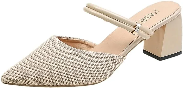 Boxpopla Women's Closed Pointed Toe Mules Two Way Wear Strap Backless Loafer for Women Mid Chunky Heel Mule Slingback Sandals Slip on Slides Dress Shoes