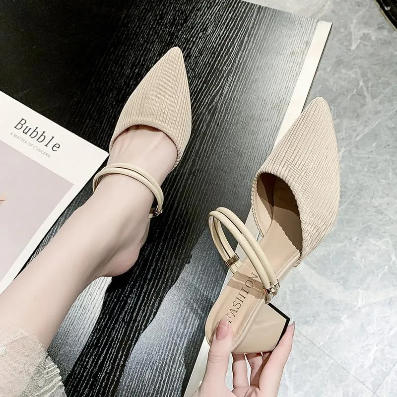 Boxpopla Women's Closed Pointed Toe Mules Two Way Wear Strap Backless Loafer for Women Mid Chunky Heel Mule Slingback Sandals Slip on Slides Dress Shoes