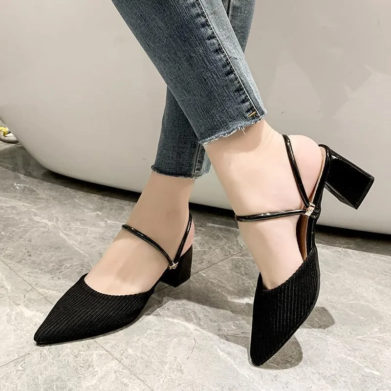 Boxpopla Women's Closed Pointed Toe Mules Two Way Wear Strap Backless Loafer for Women Mid Chunky Heel Mule Slingback Sandals Slip on Slides Dress Shoes