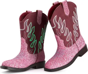 Boys Cowboy Boots Toddler Girls Cowgirl Boots Glow In The Dark Little Big Kid Western Glitter Mid Calf Embroidered Pull On Low Heel All Seasons Unisex-Child Comfortable Party Birthday Dress Up Dance
