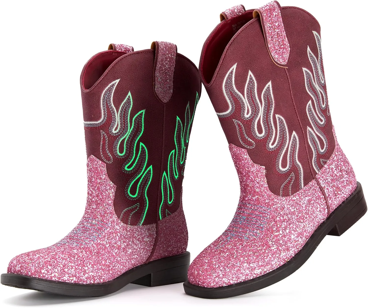 Boys Cowboy Boots Toddler Girls Cowgirl Boots Glow In The Dark Little Big Kid Western Glitter Mid Calf Embroidered Pull On Low Heel All Seasons Unisex-Child Comfortable Party Birthday Dress Up Dance