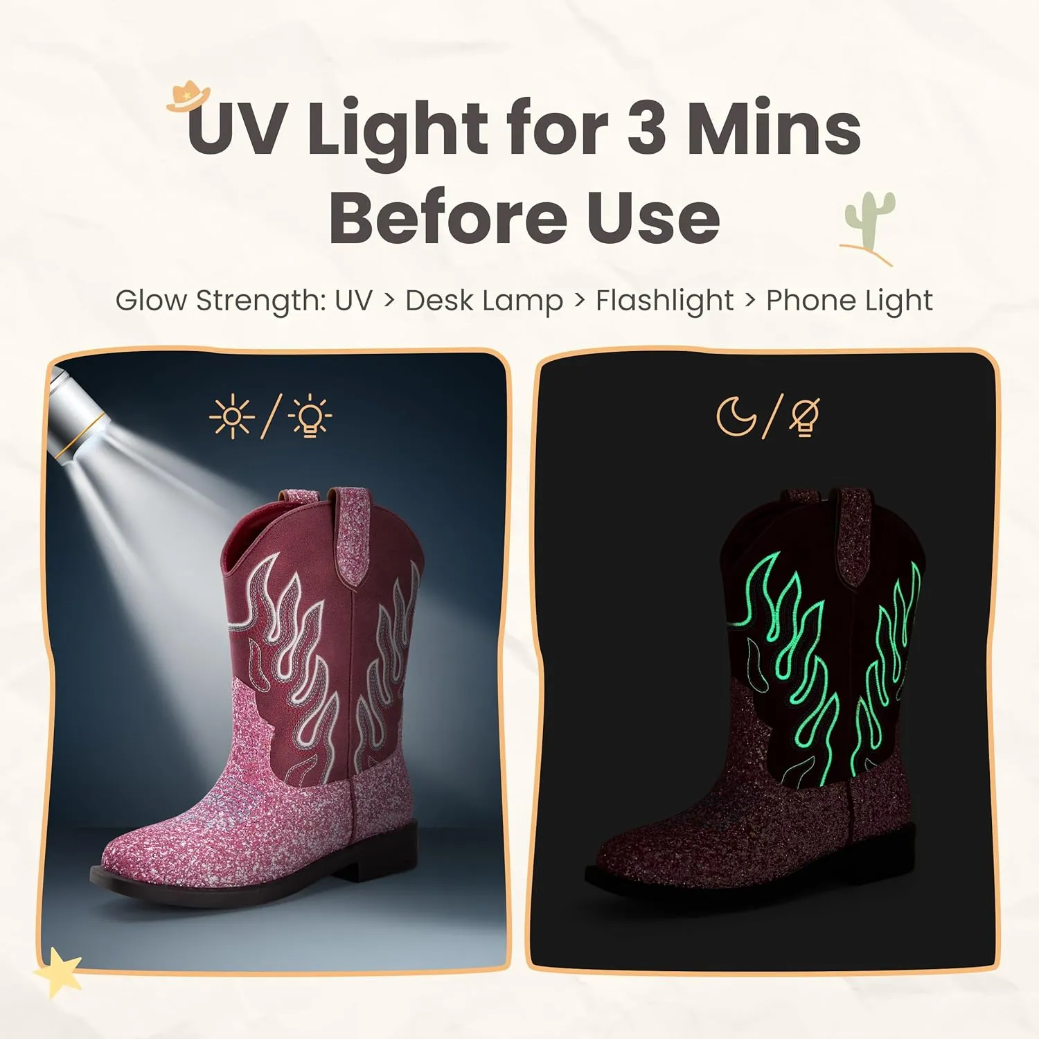 Boys Cowboy Boots Toddler Girls Cowgirl Boots Glow In The Dark Little Big Kid Western Glitter Mid Calf Embroidered Pull On Low Heel All Seasons Unisex-Child Comfortable Party Birthday Dress Up Dance