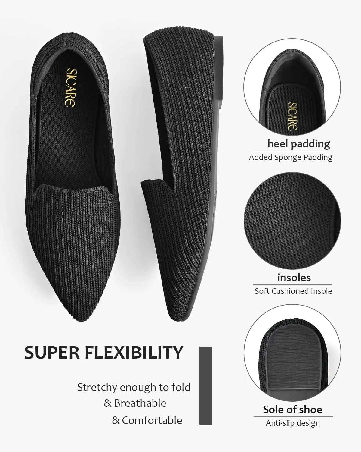 Brown Women's One Size Pointed Toe Slip-On Knit Ballet Flats for Dressy Casual Office Work Walking Flats