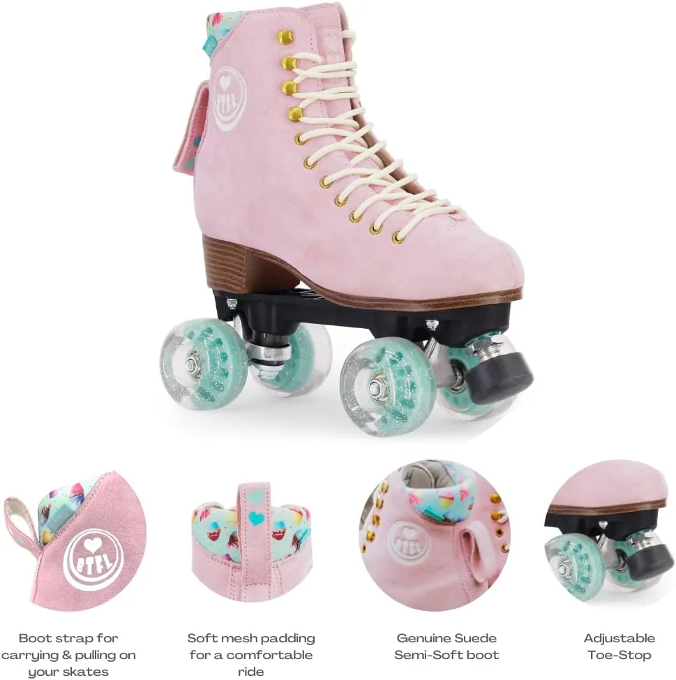 BTFL Artistic Pro Roller Skates Women, Kids & Men -Suede Boot Adjustable Stopper- Indoor, Outside, Rink, & Rhythmic Roller Skating. Black, Blue, Gray, Green, Pink, White